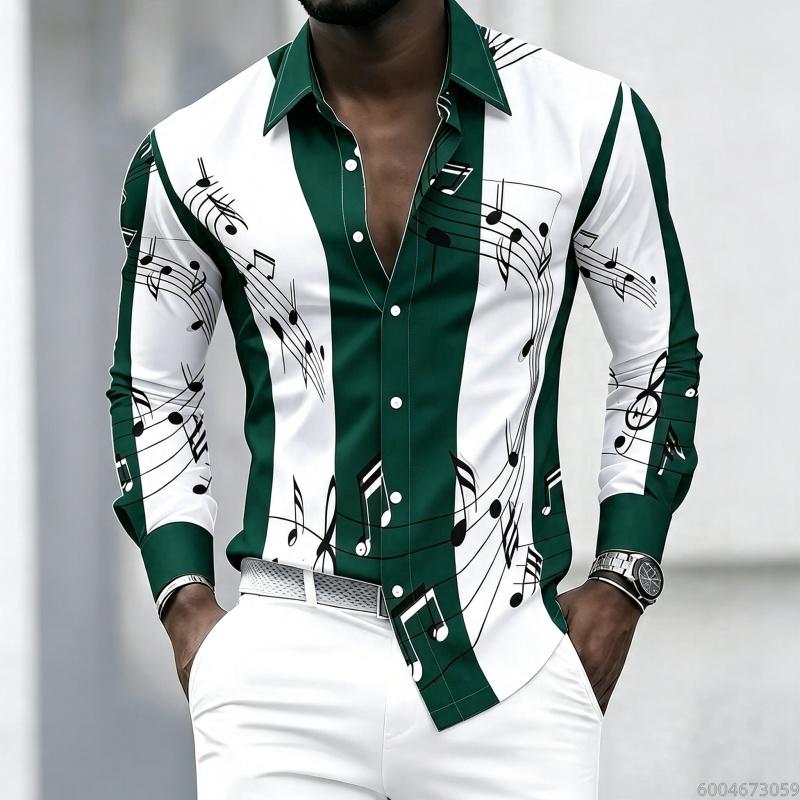 Men's Collared Shirt with Creative Musical Note Print, Trendy Long-sleeved Casual Top for Everyday Wear, Dates, and Outings.