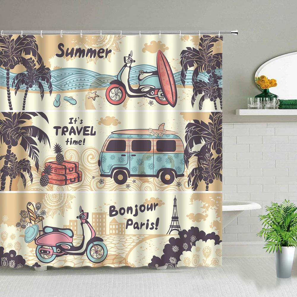 Retro Bus Surfboard Shower Curtains Summer Coconut Tree Scenery Home Bathroom Decoration Waterproof Fabric Bathtub Screen