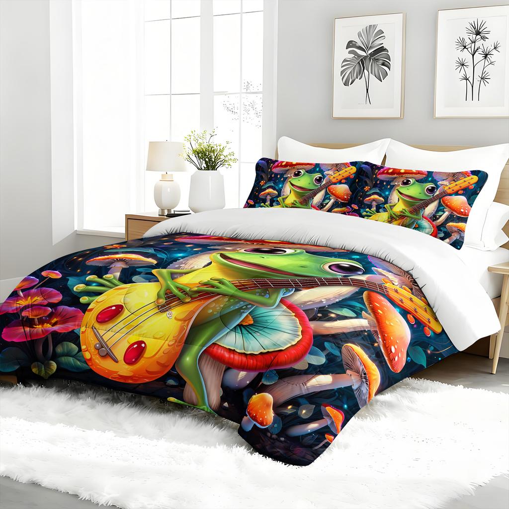 3PC Musical Frog Bedding Set Cute Cartoon Frog Duvet with 2 Pillowcases Mushroom Theme Comforter for Bedroom Or Guest Room