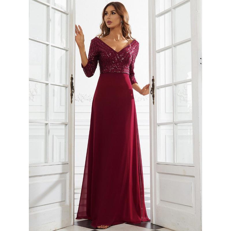 Abito da sera da donna in chiffon con scollo a V profondo, manica lunga, linea ad A, patchwork di paillettes