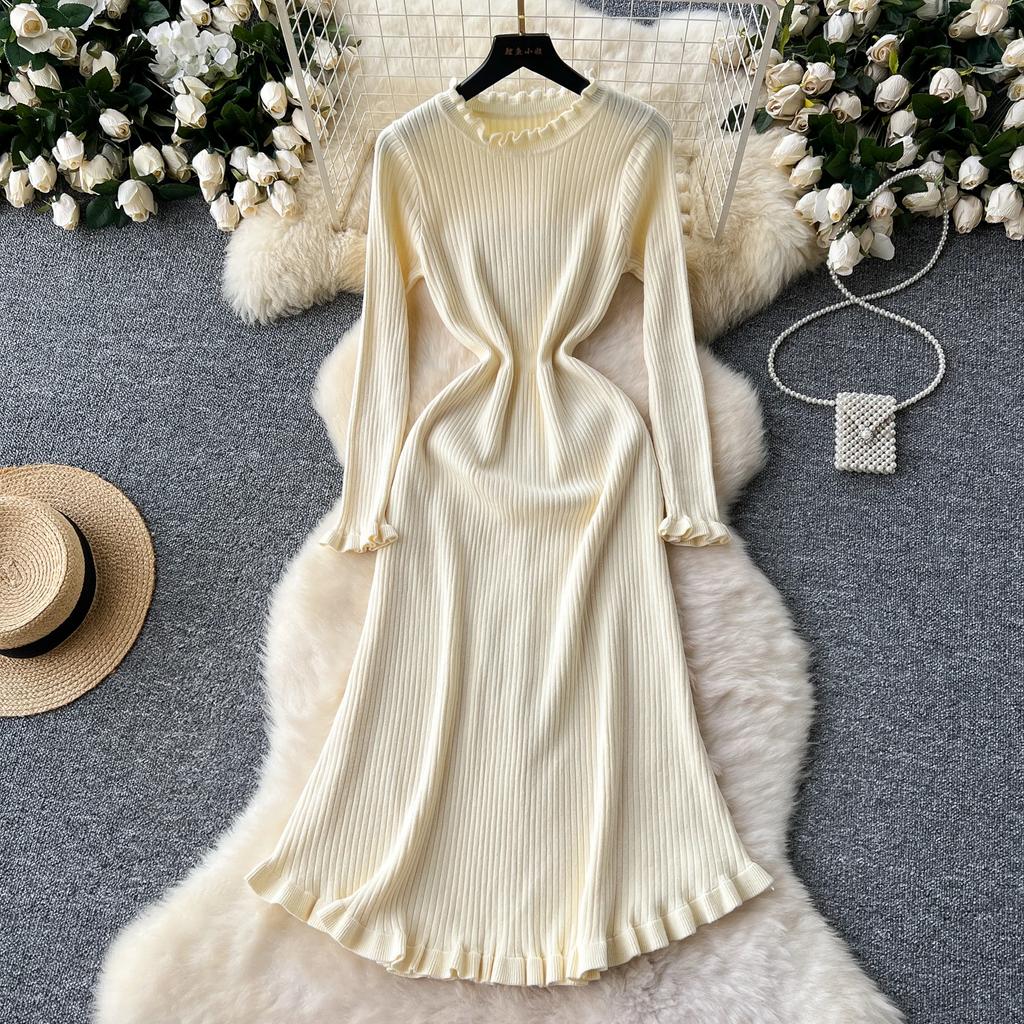 French Sweet  Elega O Neck Solid Knit Long Sleeve Ruffle Dress Women Basics Fashion Summer Spring Dress
