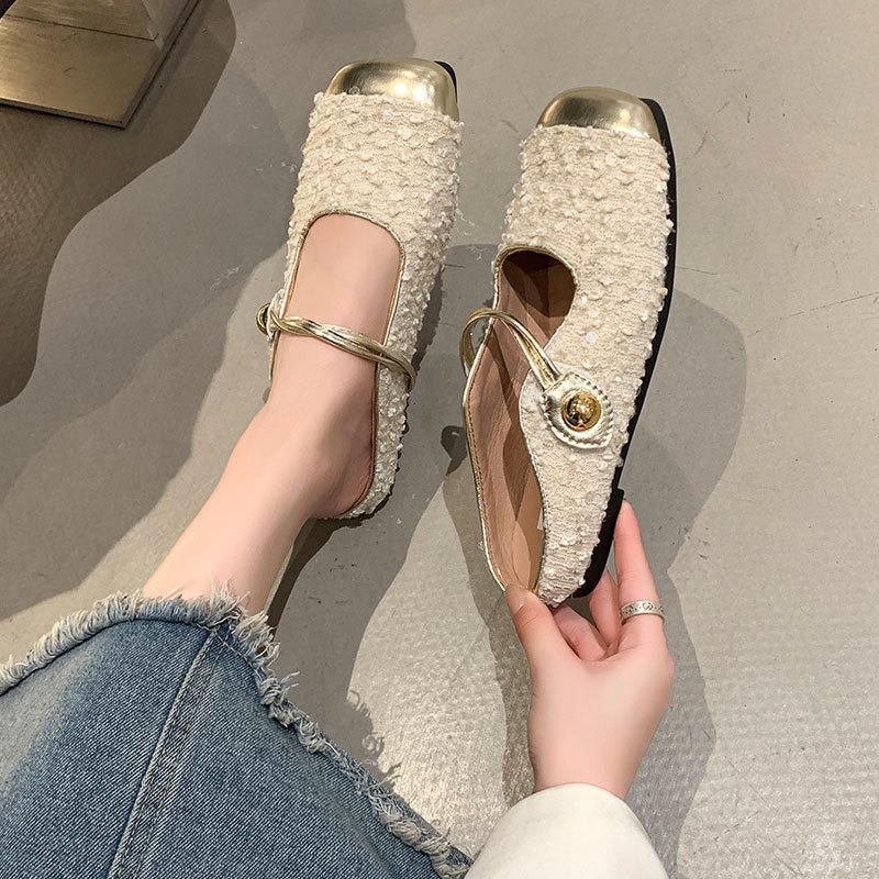 Flat Heel Bag Head Mary Jane Cool Slippers Women's 2025 New Sequined Buling Temperament Sandals with Skirt Half Slippers