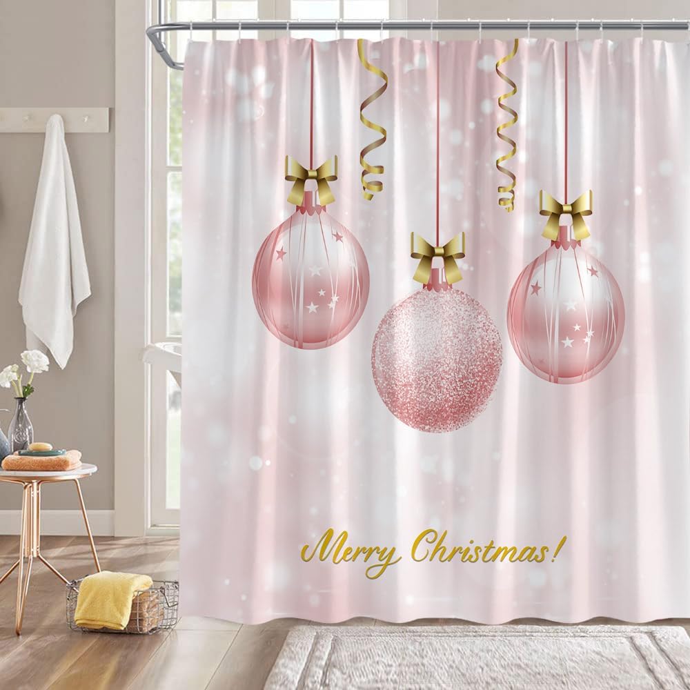 Small Stall Shower Curtain,Merry Christmas Xmas Tree Red Ball Snowflake Twigs Pine Tree Branch Winter Holiday Festival Rusticred