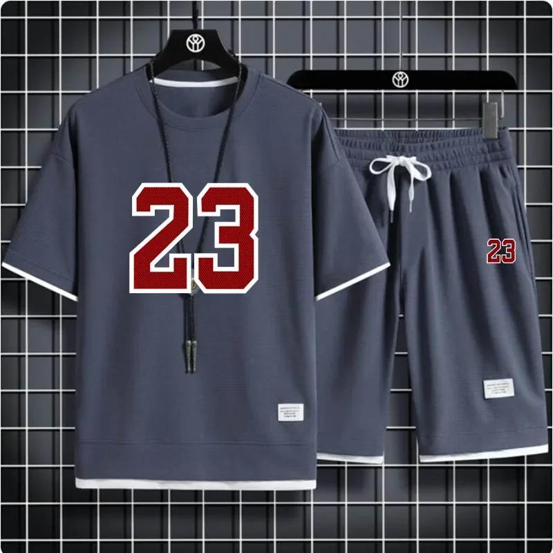 Set de pantaloni scurți pentru bărbați cu imprimeu waffle, 2 articole sport largi, stil Harajuku, modă de vară