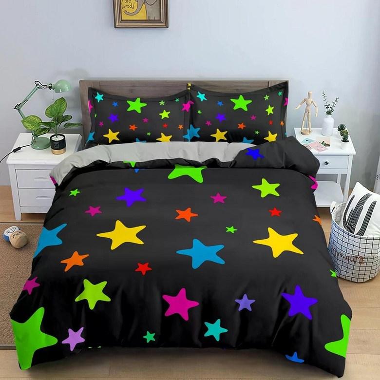 Kawaii Glitter Stars Duvet Cover Twin Queen Psychedelic Space Cosmos Starry Sky Comforter Cover Colorful Star Galaxy Bedding Set