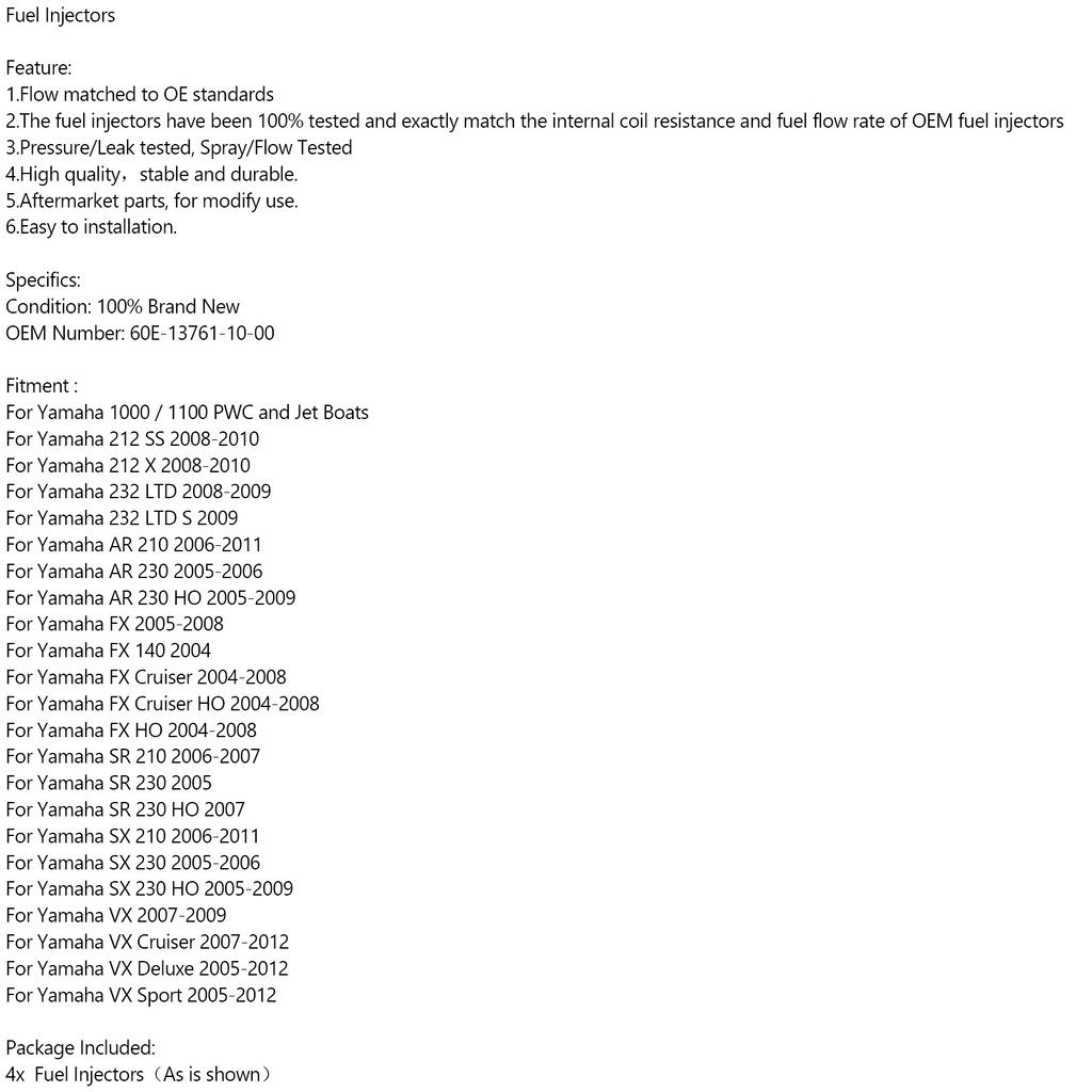4PCS 60E-13761-10-00 Fuel Injector for Yamaha PWC FX SX AR VX 212 232 1000 1100