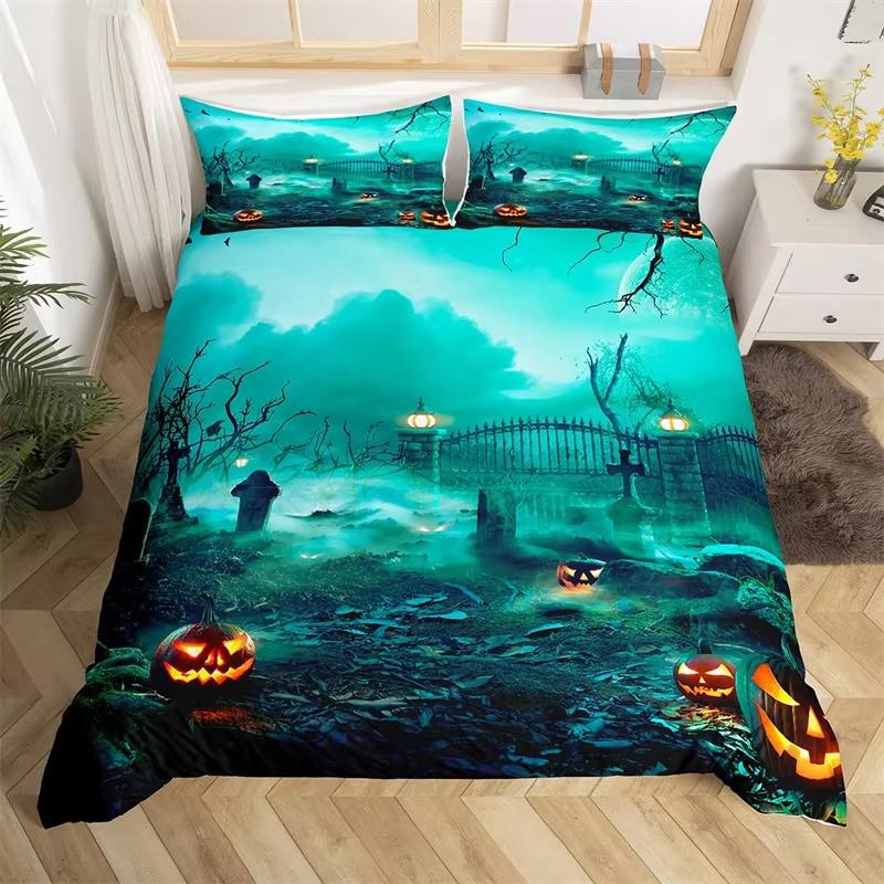 Kids Pumpkin Lantern Duvet Cover Set Twin King Halloween Bedding Set Microfiber Witch Mystery Graveyard Printt Comforter Cover