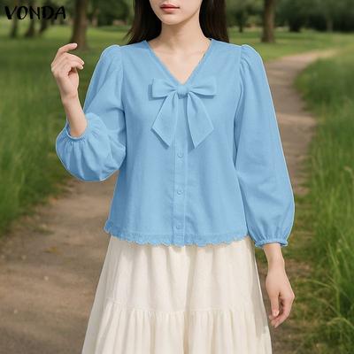 Women Puff Long Sleeve Lace Hem Bow Knot Casual Blouse Tops