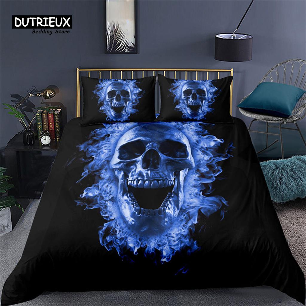 Colorful Sugar Skull Skeleton Quilt Cover Gothic Skull Bedding Set Queen Size Microfiber Horror Theme Feather Black Duvet Cover