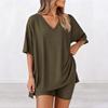 Damen V-Ausschnitt Kurzarm Oversize Oberteil Elastische Taille Taschenshorts Loungewear Schlafanzug Set Lässiges Zweiteiliges Outfit