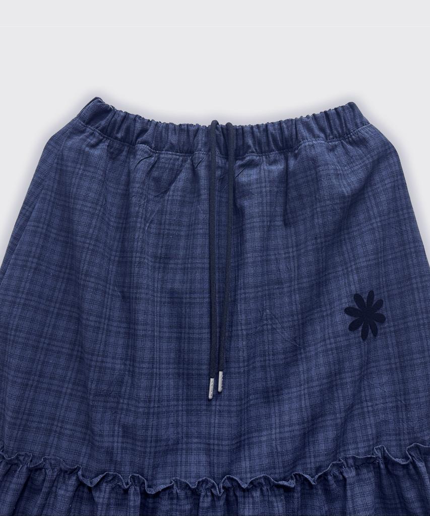 Damiswi Vintage Check Frill Long Skirt_Blue