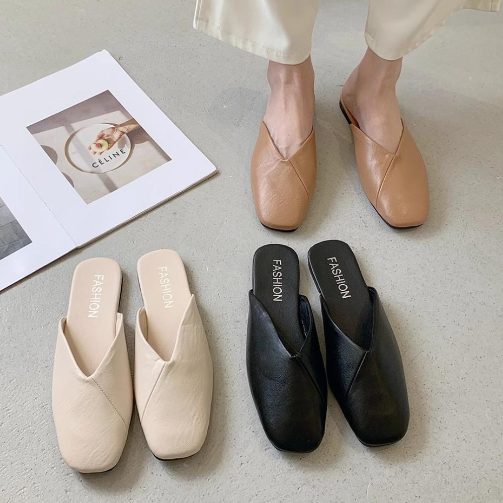 Fashion Women Mules Summer Elegant Square Closed Toe Flat Slippers Female Casual Leather Elegant Comfortable Slides Plus Size 35-43