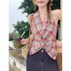 Women's Red Plaid Halter Tank Top - Waist-Cinching Sleeveless Summer Outerwear