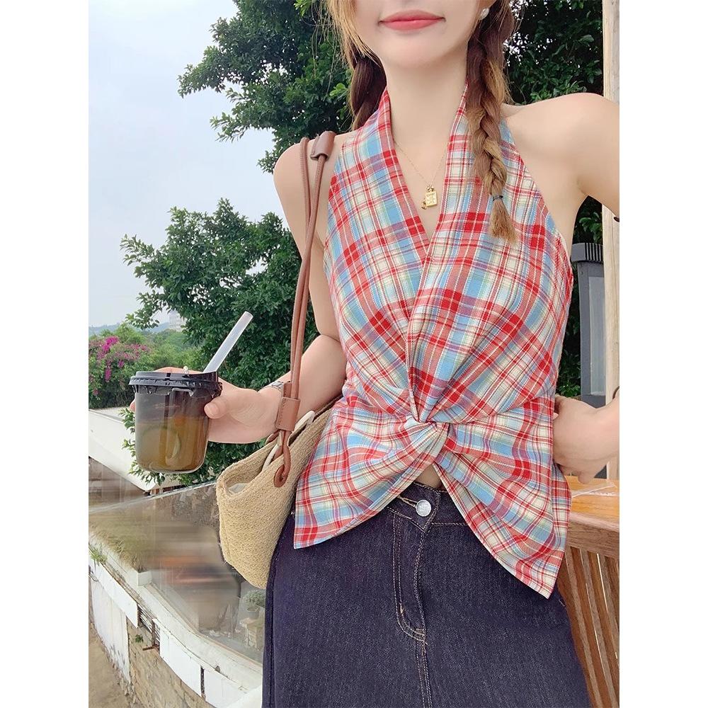 Women's Red Plaid Halter Tank Top - Waist-Cinching Sleeveless Summer Outerwear
