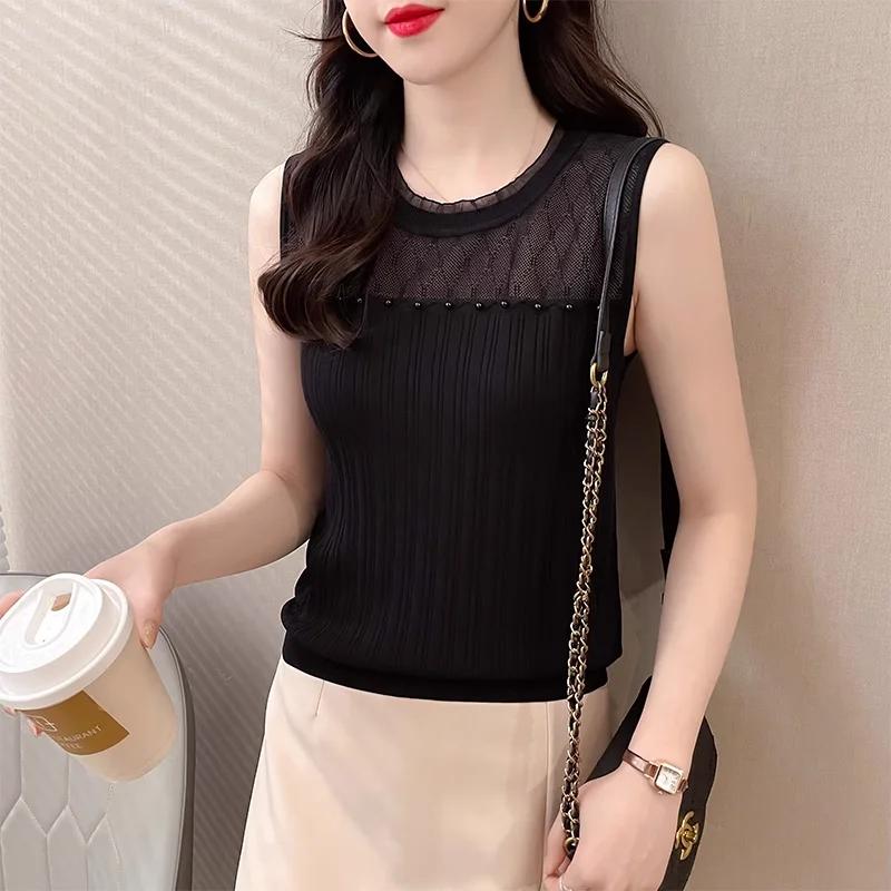 Letní dámský síťovaný patchwork tílko bez rukávů žebrovaný úplet štíhlá camisole