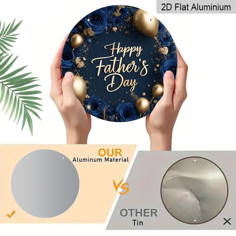 2D Flat, Hanging Ornaments | 7.87Inch Round Wall Hanging Aluminum Sign With Blue Roses And Golden Balloons, 'Happy Father'S Day' Cursive Text