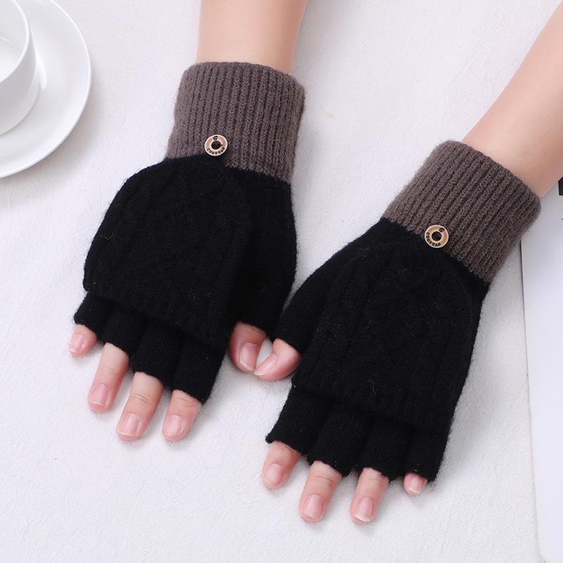2024 Autumn New Cashmere Half-Finger Flip-Top Jacquard Knitted Gloves for Students and Couples