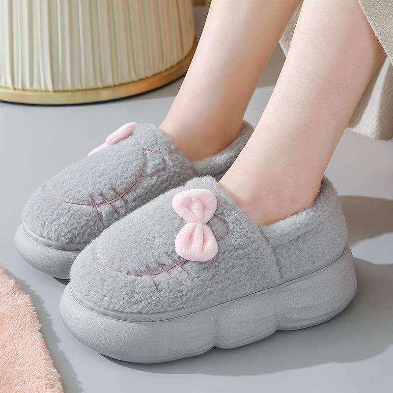 Women's Thick Soled Bag Home Fashion Bow Slippers Winter Velvet Height Increasing Dormitory Warm and Non Slip Cotton Shoes