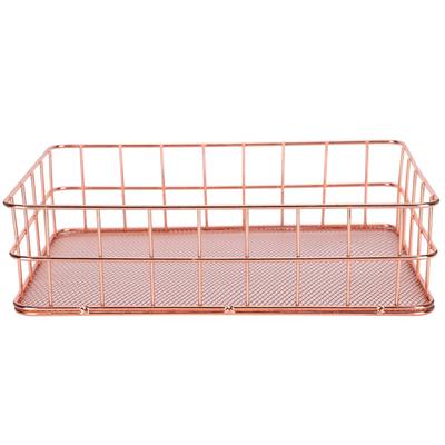 Drátěný úložný koš organizér kovový úložný box pro domácí organizaci stolního počítače (Růžové zlato)