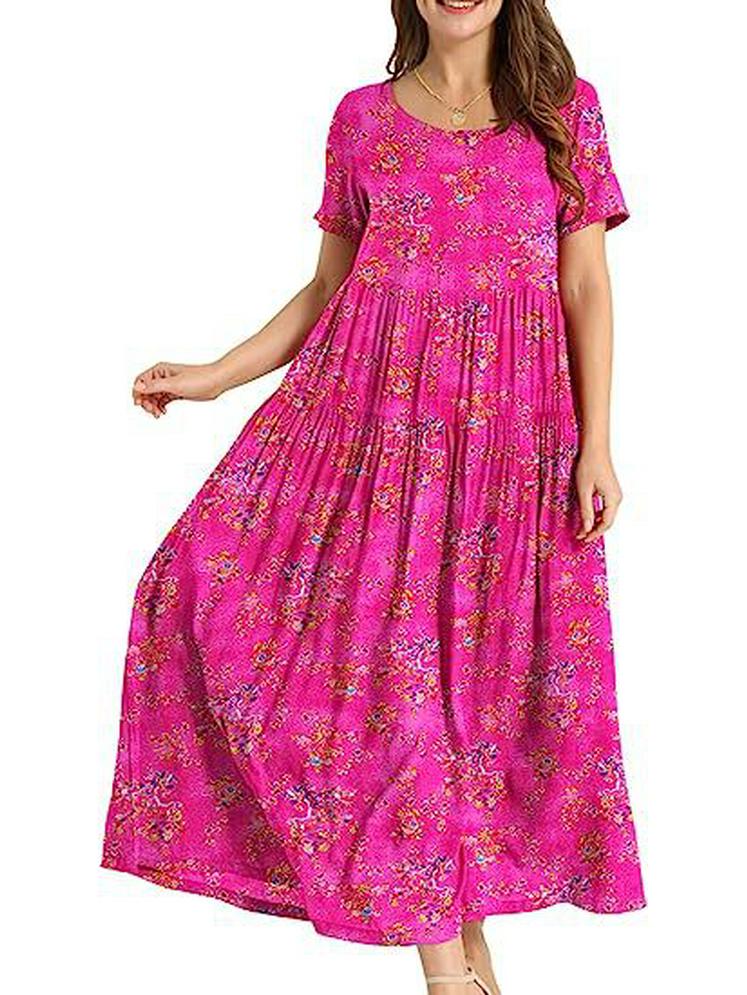 2023 Summer Pleated Floral Mid-Length Dress – Comfortable & Casual Loose Fit