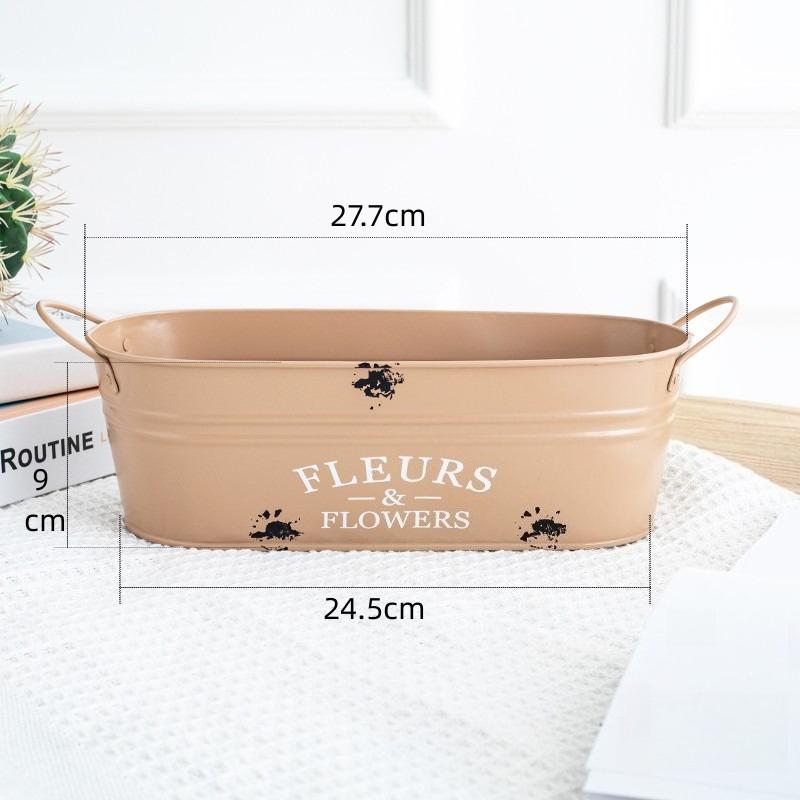 Retro Ellipse Iron Flower Pot with Handles Farmhouse Style Metal Planter for Succulents Desktop & Balcony Decor