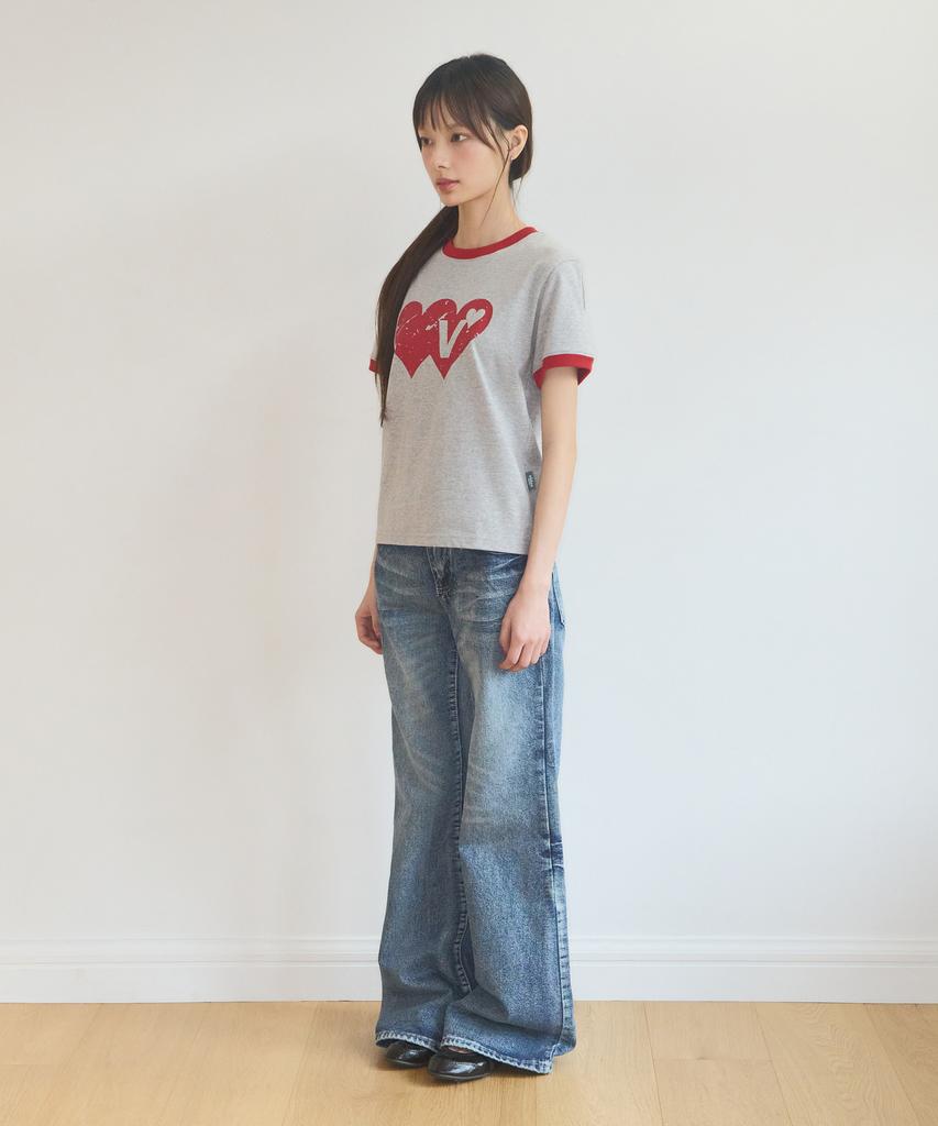 VIDEO JOCKEY Double Heart Ringer T-Shirt [Melange Gray]