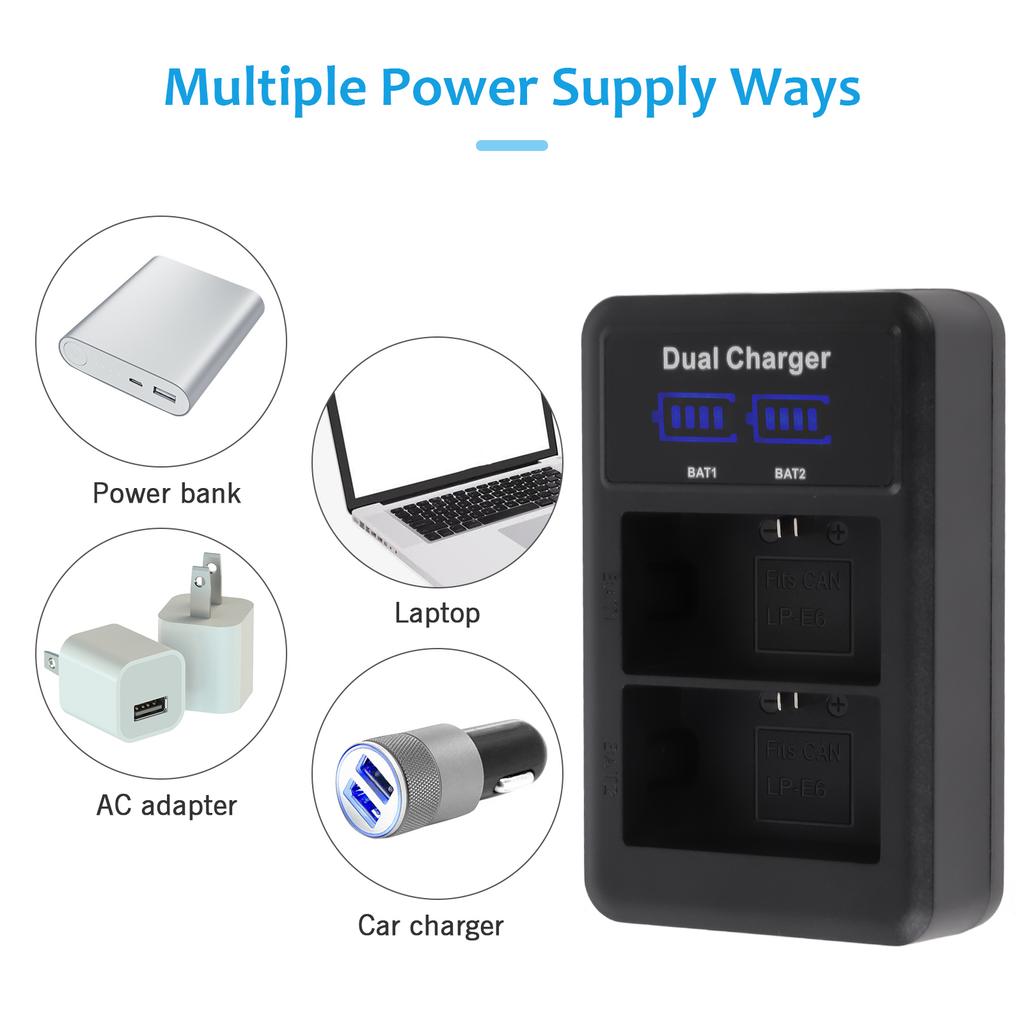 LP E6 E6N Battery and Charger Kit 2pcs 7.4V 2650mAh Battery with 1pc LED2 LPE6 Dual Channel Camera Battery Charger USB