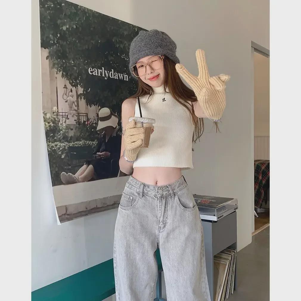 Women's High-Waist Light Gray Wide-Leg Retro Jeans