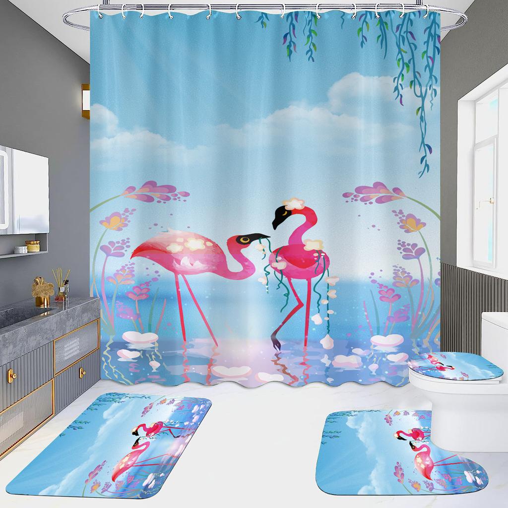 Pink Flamingo Printing Shower Curtain Set For Bathroom Non Slip Lovebird Bath Mat And Curtain Set Bath Rug Toilet Carpet