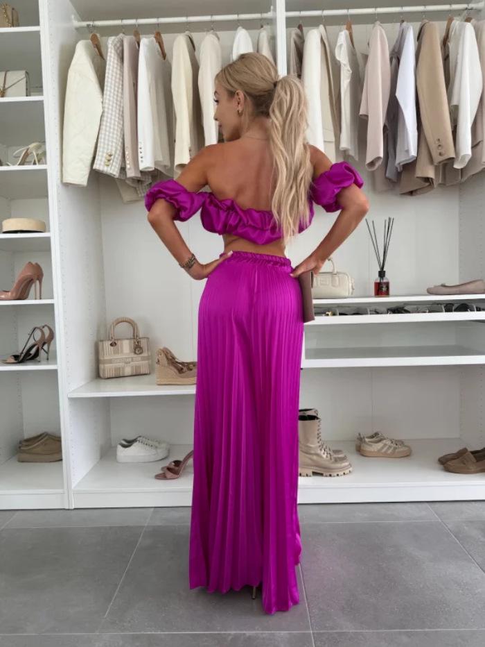 Elegant 25th Anniversary Strapless Pleated Long Pants Set In Solid Color