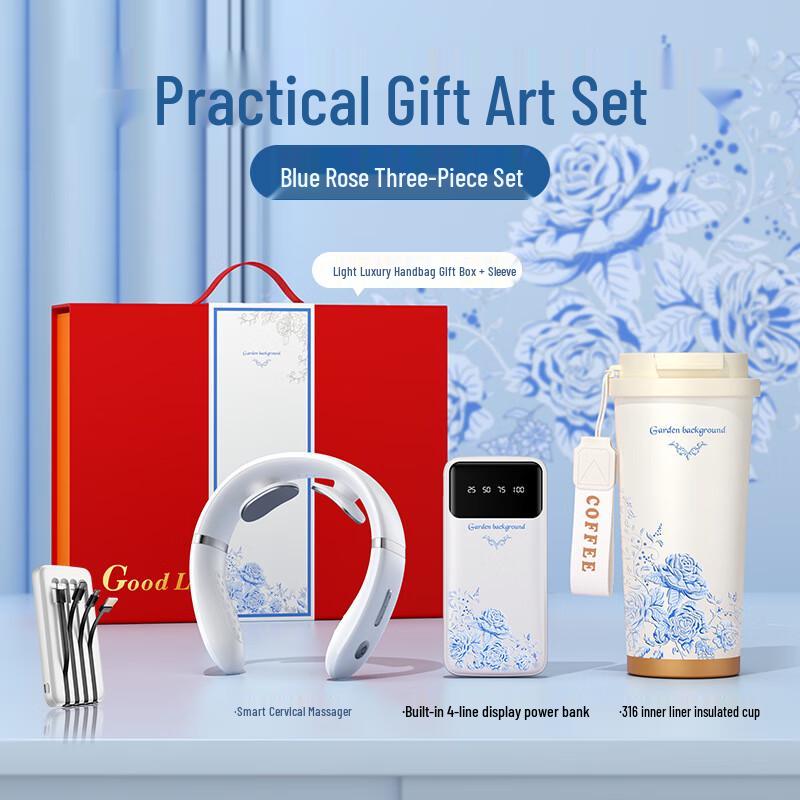 Elegant Blue Rose Business Gift Set Set with Blue Rose Thermos, Power Bank, Massager