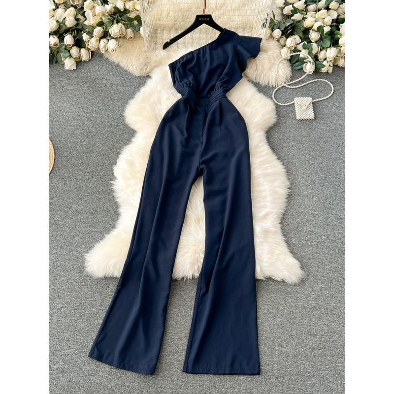 Travel Holiday Style Diagonal Collar Strapless High Waist Jumpsuit
