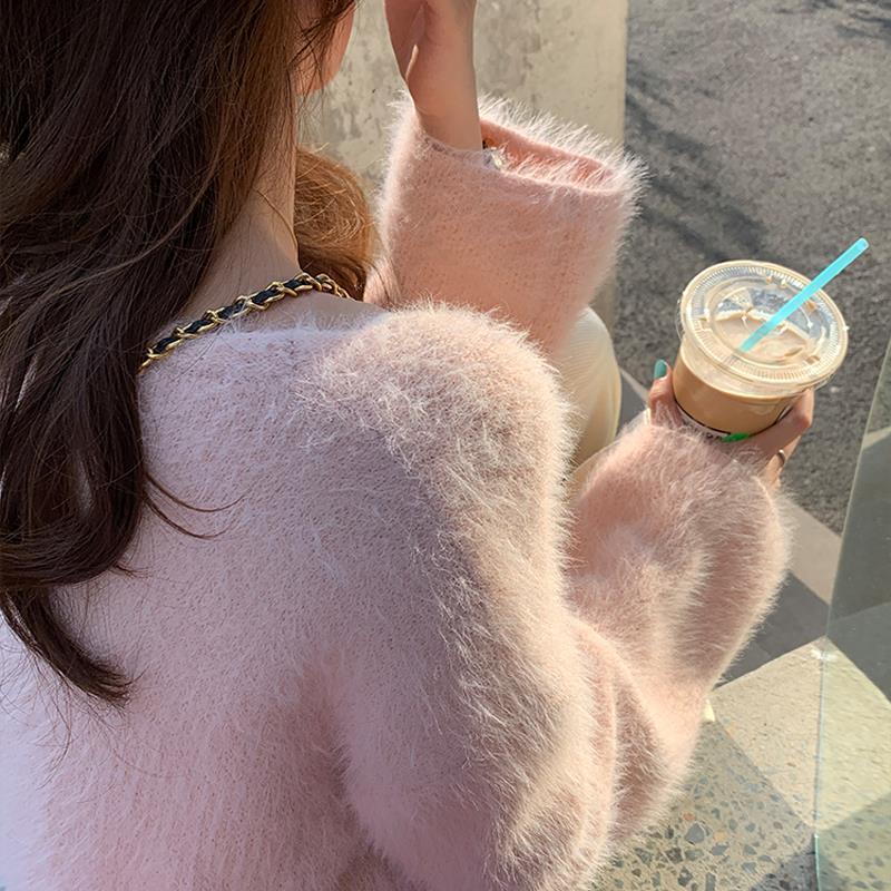Women's Fluffy Mink Velvet V-neck Sweater: Japanese & Korean Style, Fashionable, Versatile, Loose Fit for Autumn/Winter