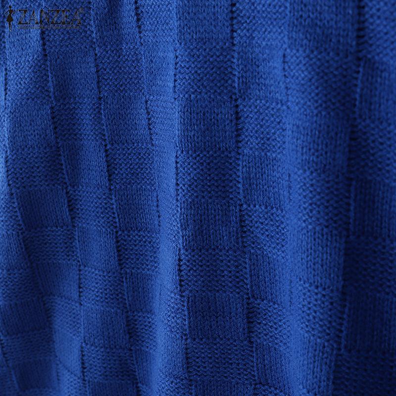 ZANZEA Womens Crew Neck Plaid Texture Casual Knitted Pullovers Sweaters Jumpers