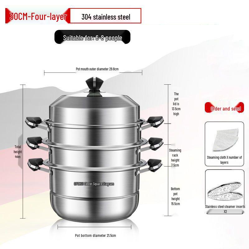 Large 304 Stainless Steel Three-Layer Household Steamer for Induction and Gas Stoves