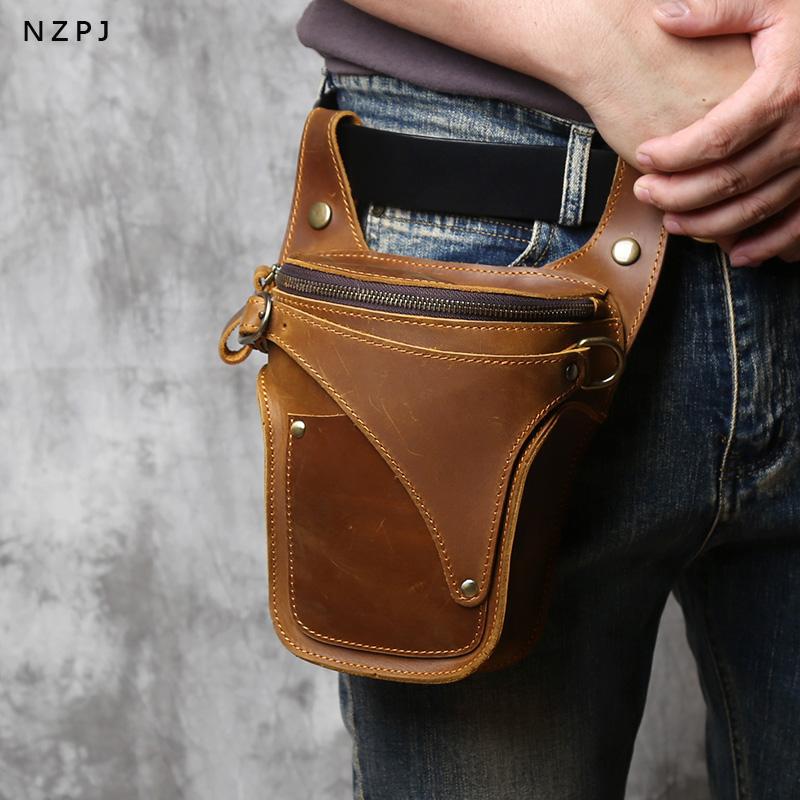 NZPJ Vintage Echte Leder Herren Bauchtasche Natürliches Rindsleder Outdoor Motorrad Herren Tasche Crazy Horse Leder Handy Tasche