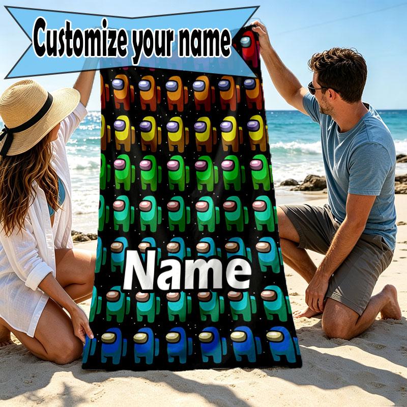 Custom Name Personalized Among Us Print Beach Towel, for Trip Camping Beach Party Home Decor, Birthday Gift for Family & Friends