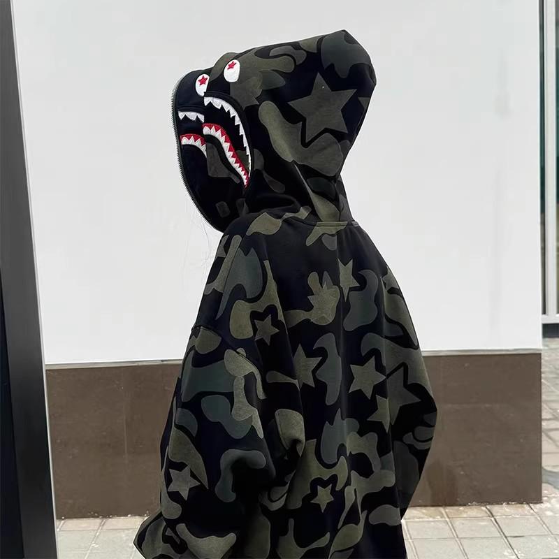 Jarní a podzimní retro maskáčový kardigan na zip s dvojitou kapucí - Unisex Streetwear