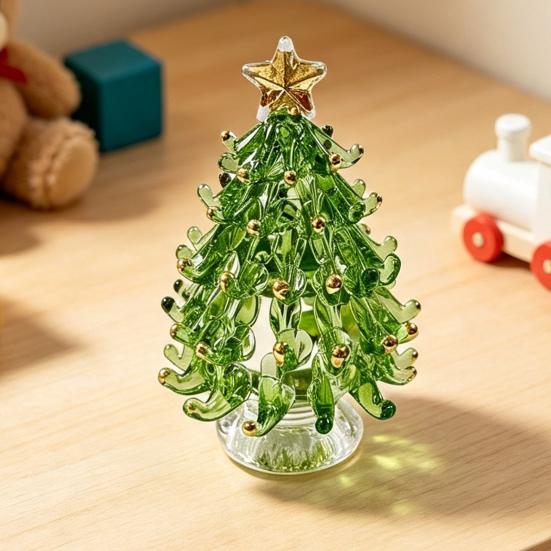 Decorative Glass Sculpture Glazed Christmas Tree Ornament with Star Topper, Colorful Party Table Decor Art, Faux Crystal Tabletop for Home Office Gift