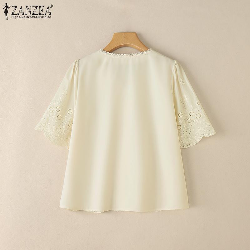 ZANZEA Blouse d'été décontractée à col en V pour femme, manches courtes, broderie dentelle