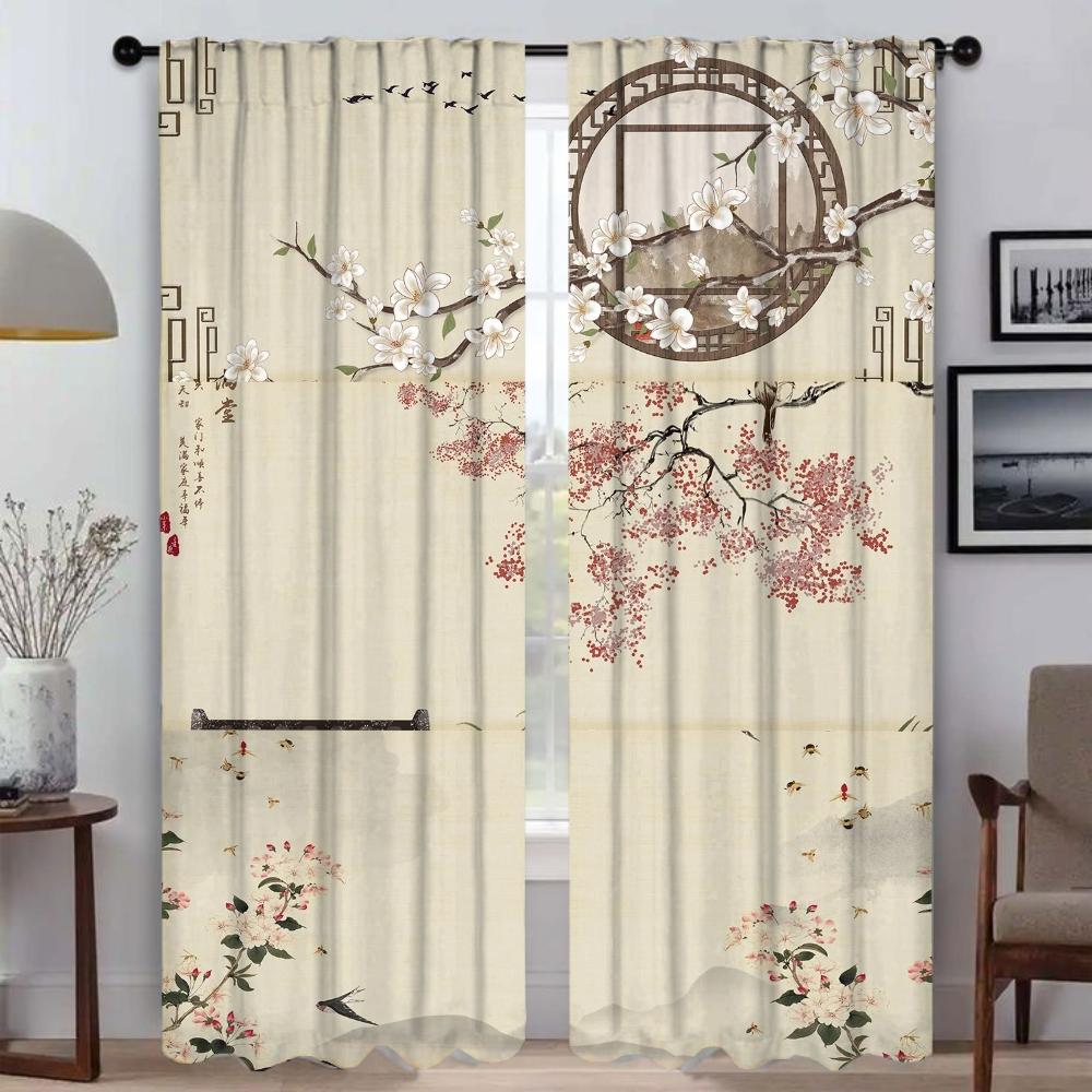 Ancient Chinese Style Window Curtain for Room 2 Panel Elegant Room Curtains Tulle for Bedroom Halloween Decoration Partition