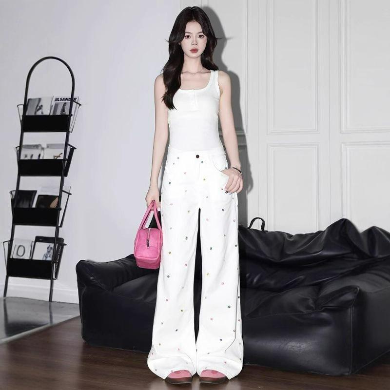 

Маленькая вышивка цветком Белые джинсы клеш Женские Осенние Узкая версия С высокой талией Большие размеры Свободные Скинни Прямые Длинные брюки 4XL