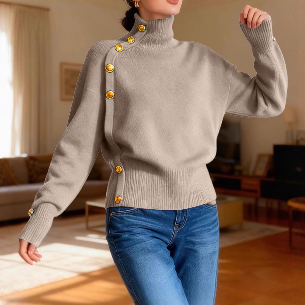 Women's Loose Comfortable Casual Fashion Knit Sweater With Buttons And High Neck