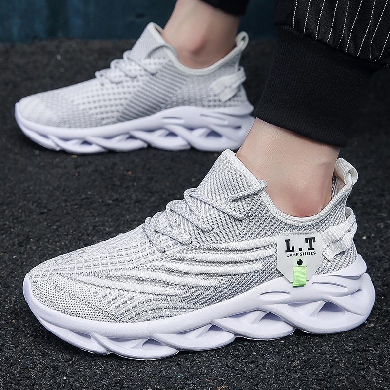 Men's 48 Size Flyknit Breathable Mesh Casual Shoes - Spring/Summer Trendy with Twisted Sole and Shock Absorption.