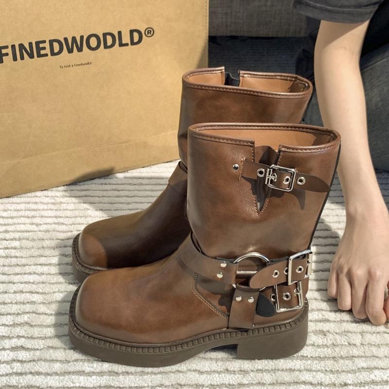 2025 British Style Women's Chunky Heel Martin Boots - Retro Square Toe Slip-On Ankle & Cowboy Riding Boots