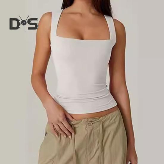 Summer Vest Women Solid Color Square Collar Slim Fit Tank Top Wide Shoulder Straps Breathable Vest Daily Wear