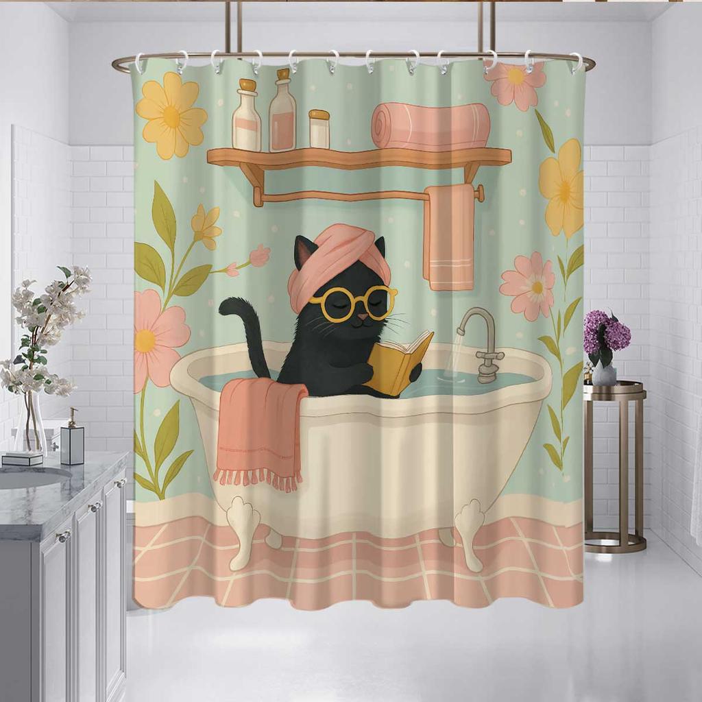 1 Stück Niedliche Katze Duschen Bedruckter Duschvorhang, Lustiger Stil, Wasserdicht, Mit 12 Haken, Badezimmerduschen, Badewanne, Heimgebrauch
