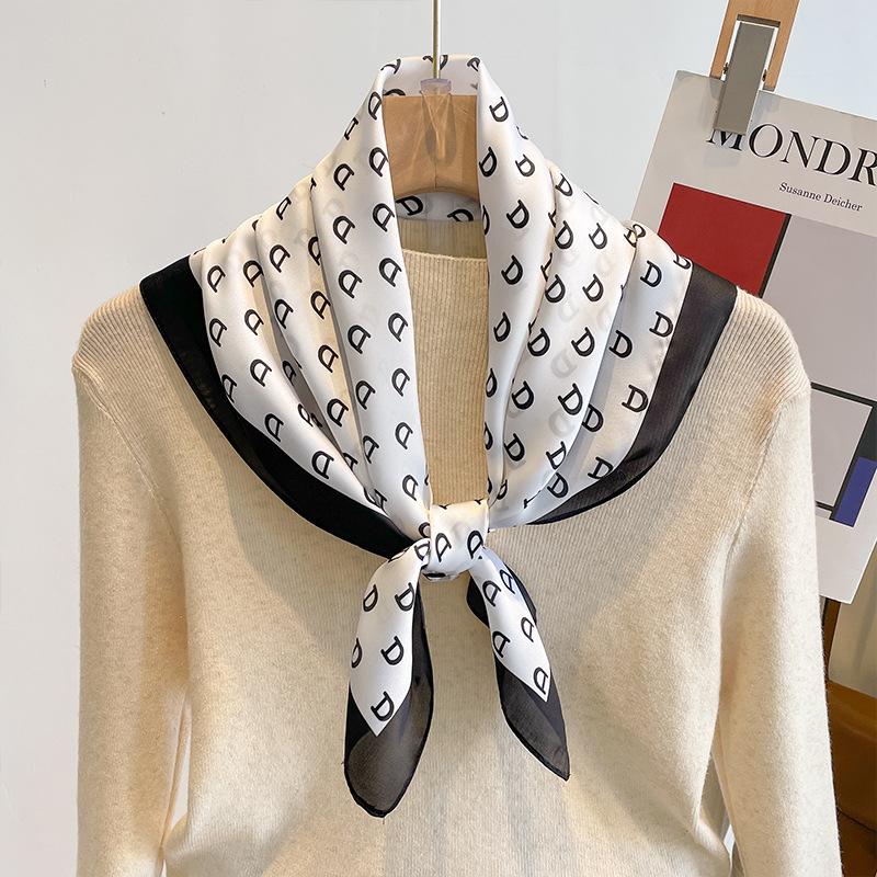 Luxury  Letter Print Square Silk Scarf for Women Hijab Hair Bands 70cm Neckerchief Female Satin Shawl Ribbon Headband