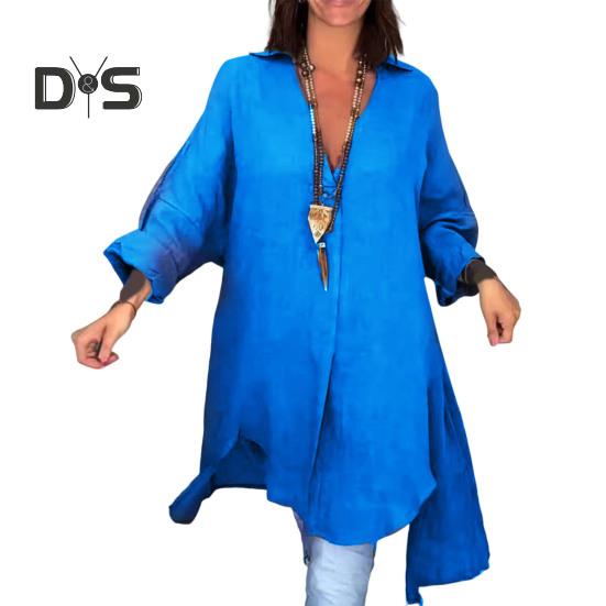 Dameskjorte V-hals Langermet Sidesplitt Hem Pullover Topper Ensfarget Løs Passform Sommerskjorte Hverdagsklær