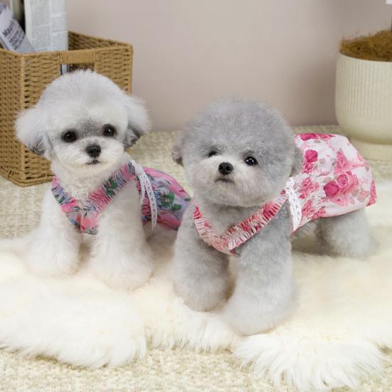 Dog Princess Dress with Floral Pattern Ruffle Sleeveless Puppy Summer Dress with Lace Bow Elastic Breathable Pet Clothes for Small Dogs Cats